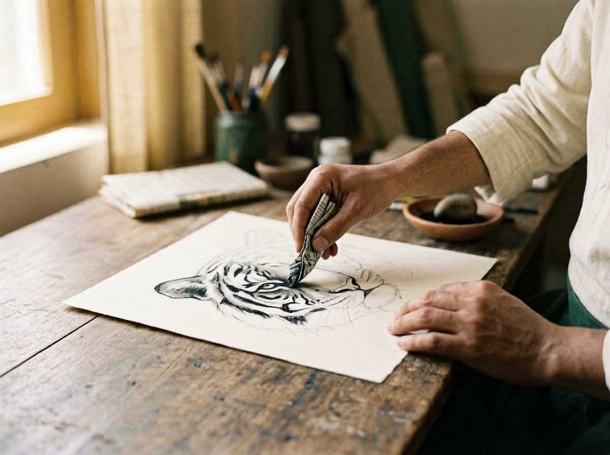 AI-assisted illustration of a folded newspaper nib building lines and tonal marks in a developing tiger drawing.