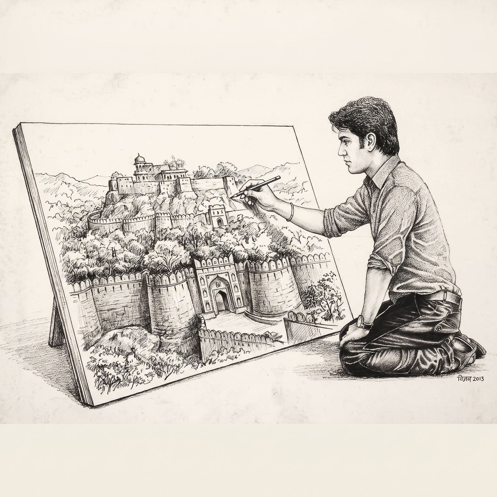 Monochrome illustration of an artist drawing a hilltop fort and its fortified walls.