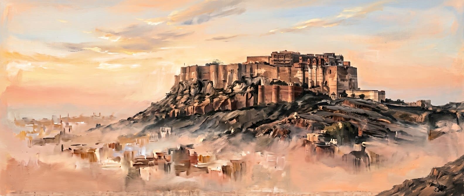 A Rajasthan fort emerging through pale dawn light and mineral-toned texture