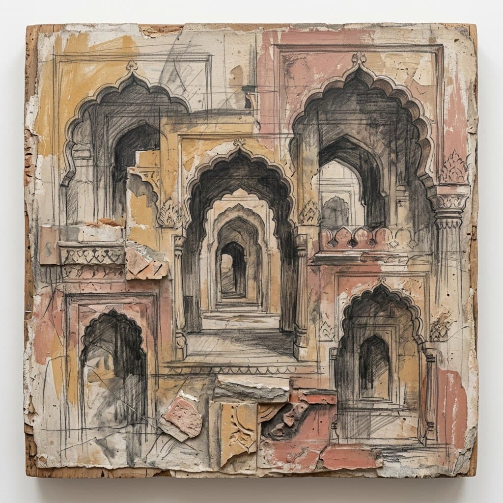 Layered arches and weathered Rajasthan architectural details in graphite and muted pigment