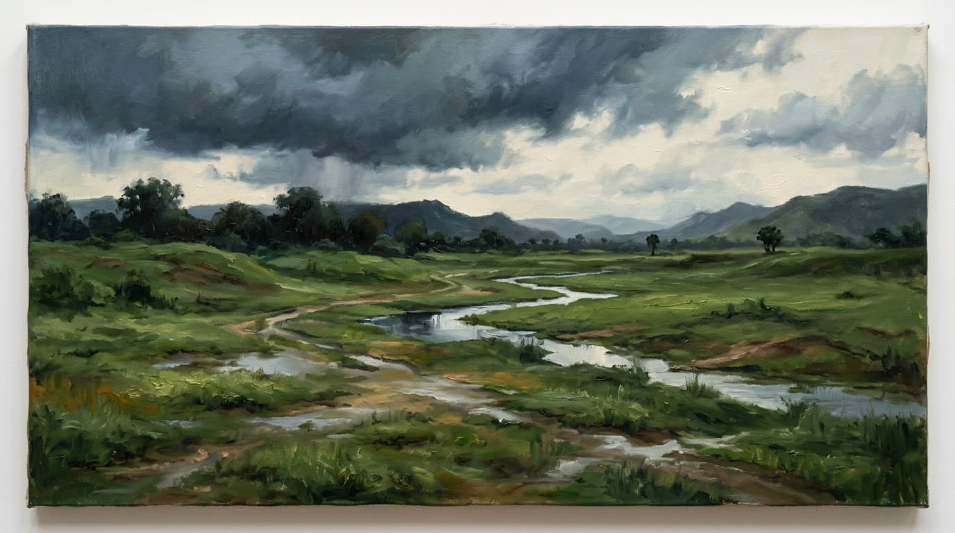 A green monsoon landscape beneath receding storm clouds