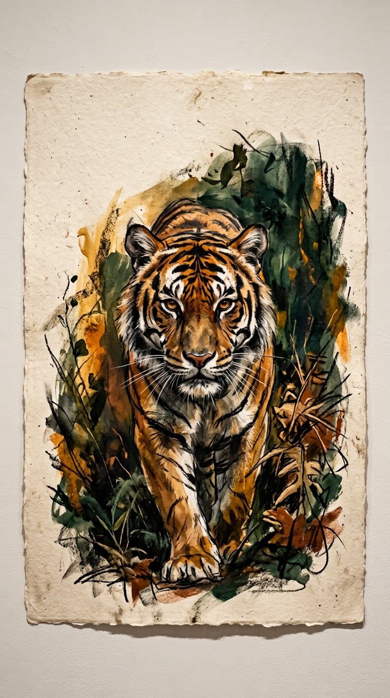 A tiger emerging from layered amber and forest-toned marks