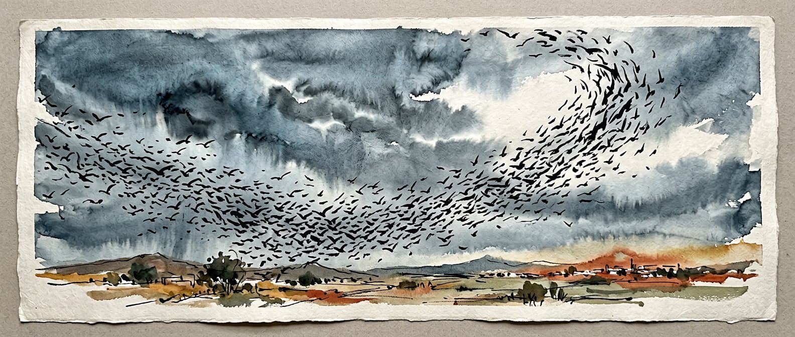 Birds in flight rendered with gestural dark marks against monsoon light