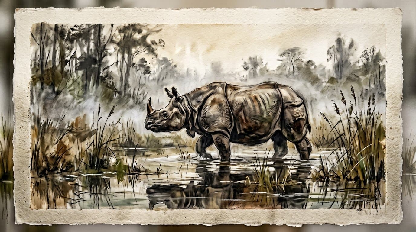 A rhinoceros standing in shallow water in a charcoal and earth-pigment composition